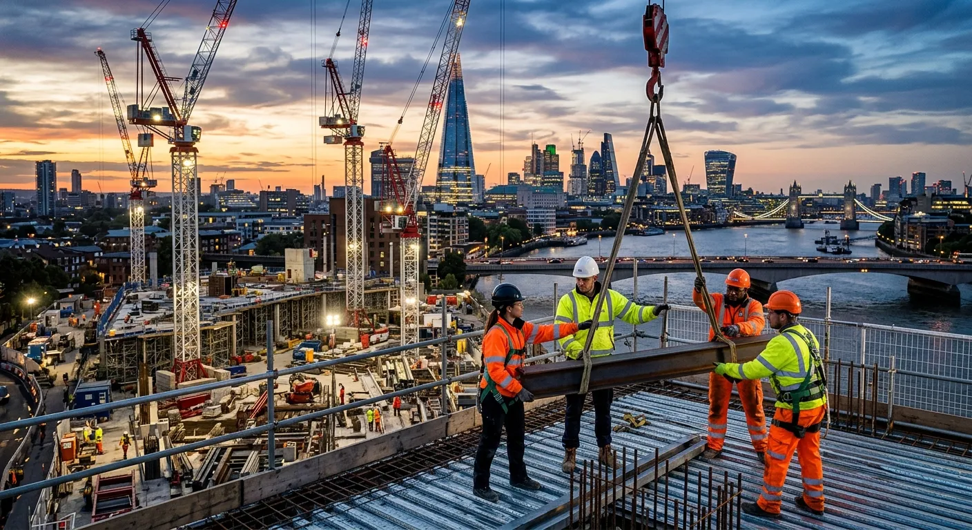 A dynamic, high-angle shot of a modern London construction site at dusk, featuring cranes against the city skyline, with diverse workers in high-visibility gear collaborating. Professional, energetic mood.