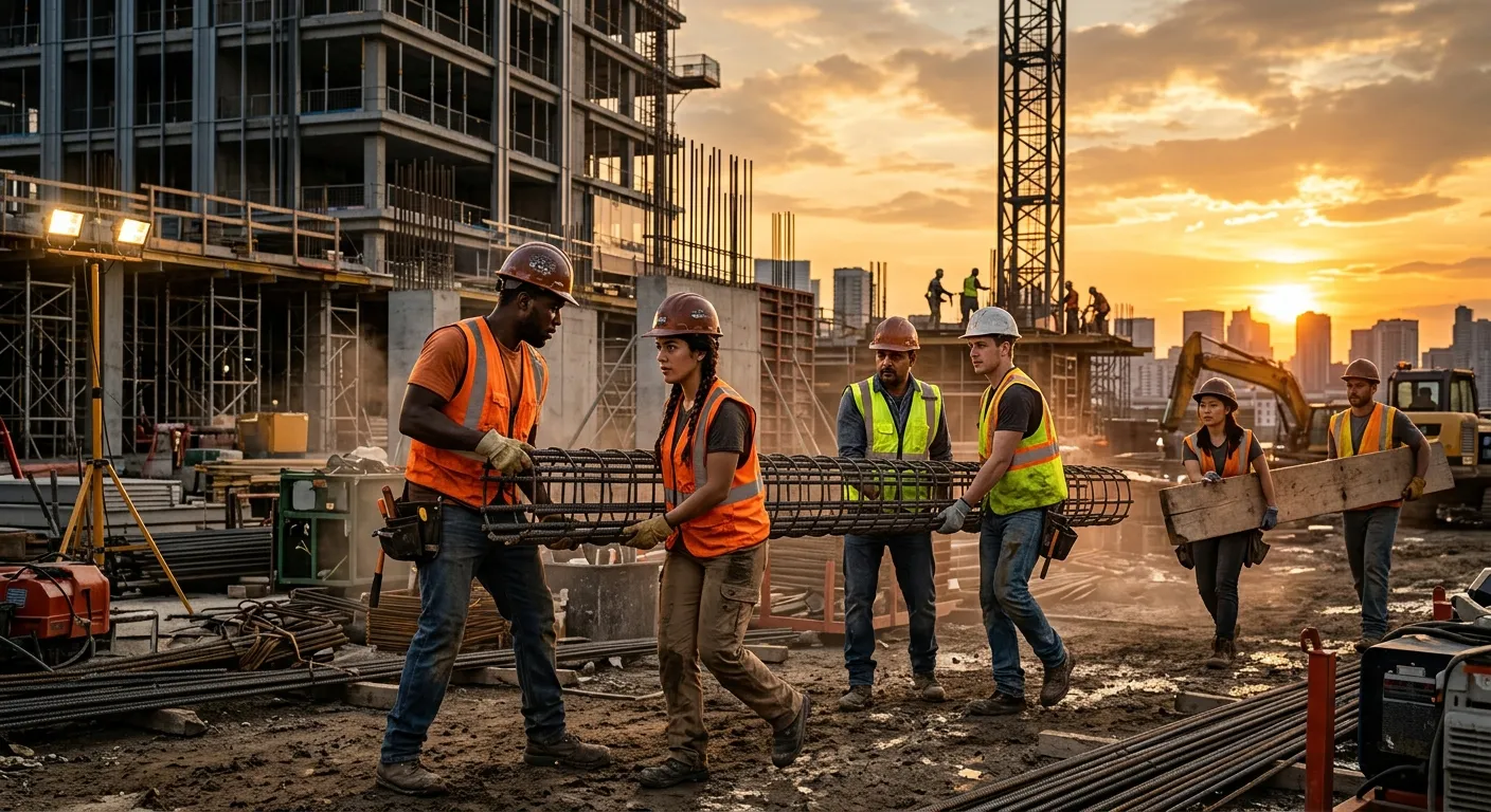 A dynamic, high-resolution hero image showing a diverse team of construction temporary labourers in high-vis vests collaborating on a modern construction site at golden hour. Focus on action, teamwork, and a professional, industrious mood.