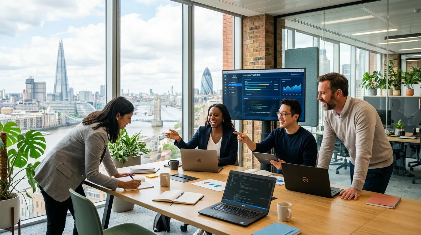 A modern, professional hero image showing a diverse team of tech professionals collaborating in a bright London office with skyline views. Style: vibrant, sharp, and aspirational.