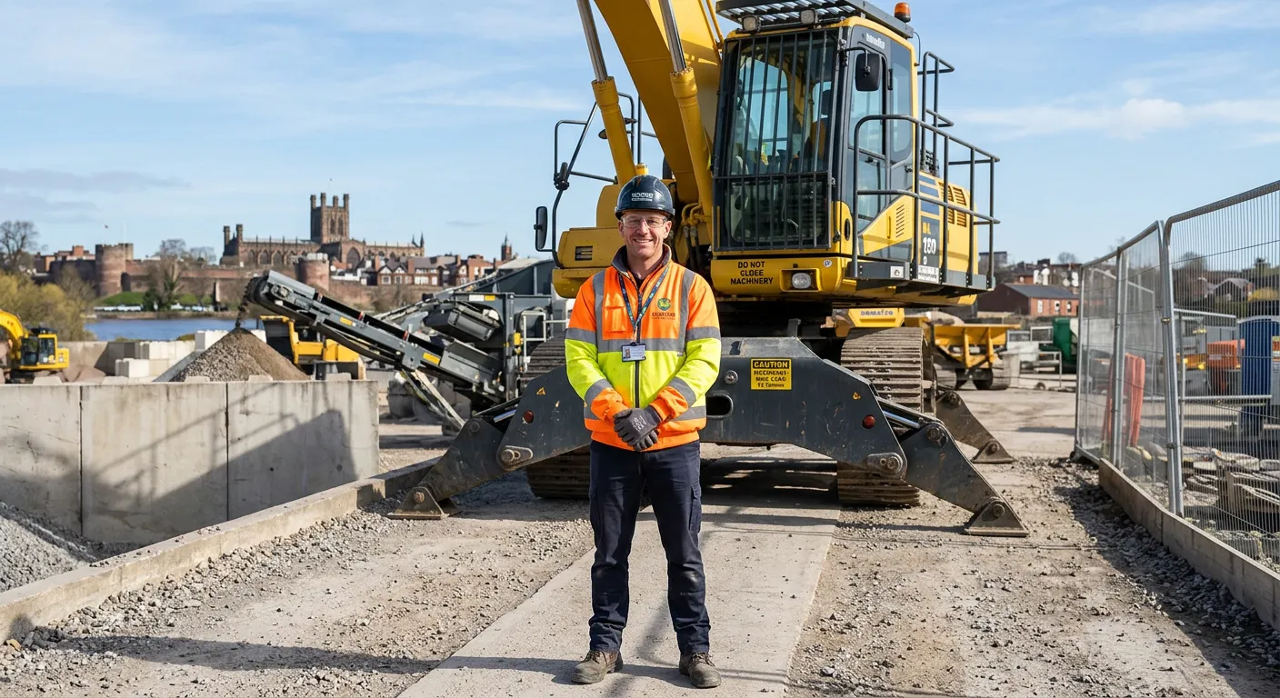 A professional, smiling plant operator in hi-vis PPE, standing confidently in front of a large industrial machine on a well-maintained site, Chester cityscape faintly visible in the background. Bright, clear day, professional and trustworthy mood.