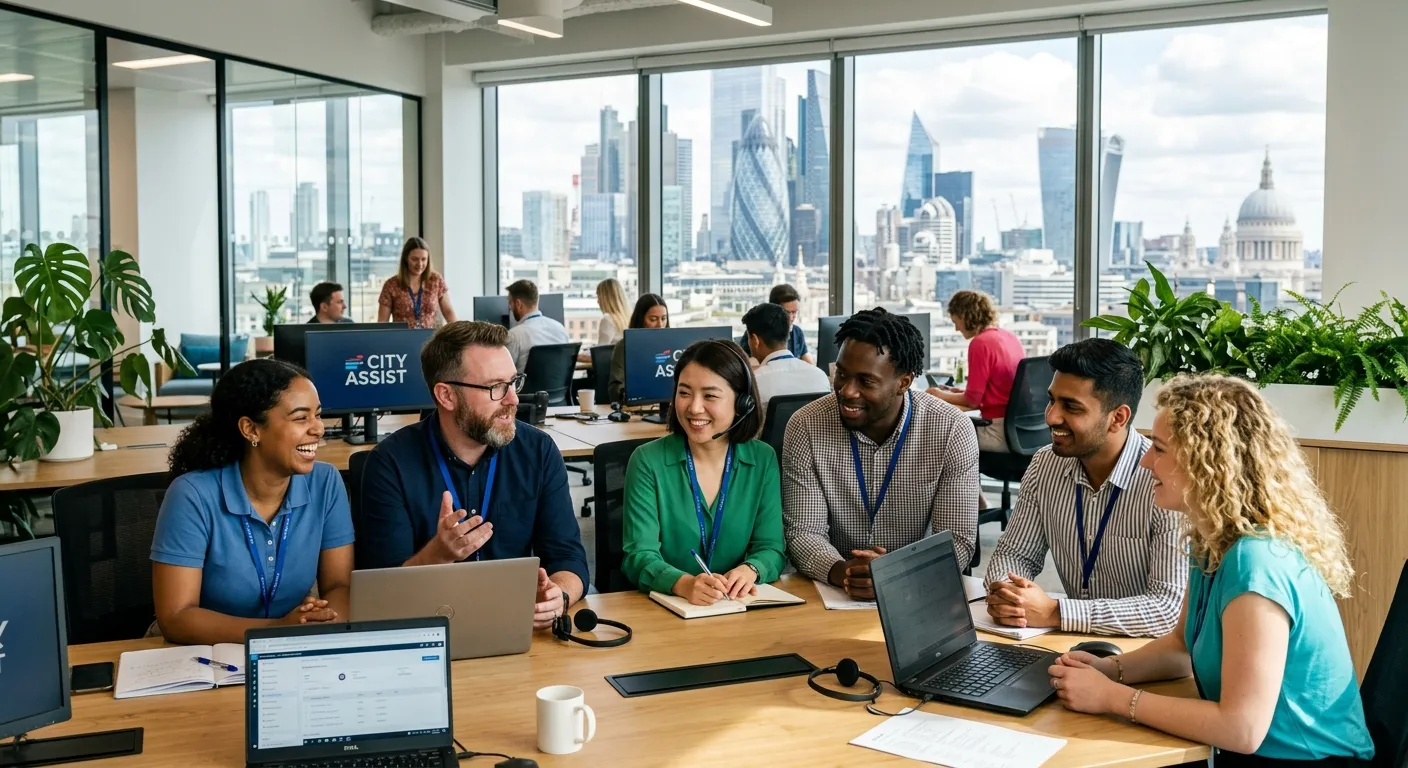 A professional, welcoming image of a diverse customer service team in a modern London office setting... A professional, welcoming image of a diverse customer service team in a modern London office setting, with the London EC1 skyline visible through a window. Style: bright, professional, inclusive. Mood: productive, collaborative, and approachable.