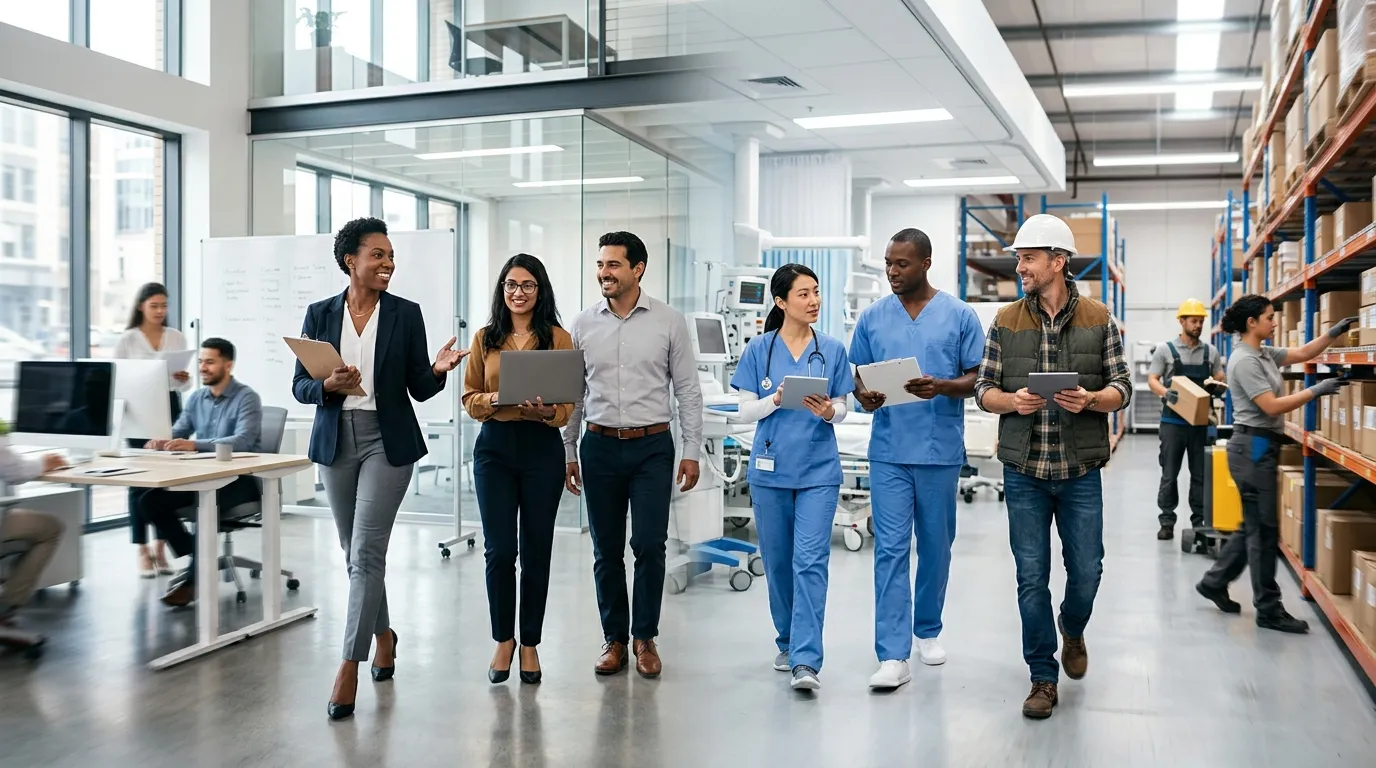 A dynamic, professional hero image showing a diverse group of professionals in various work settings (office, warehouse, healthcare) looking confident and engaged. Style is modern, bright, and aspirational, with a slight motion blur effect to convey urgency and action.