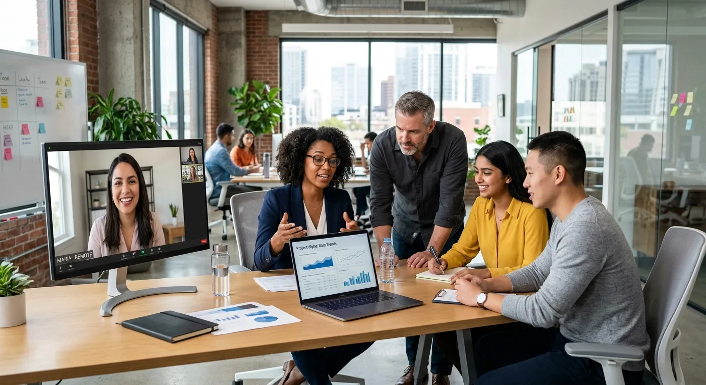 A diverse, professional team in a modern office collaborating around a laptop, with one team member joining remotely via video call on a screen. Style: Professional, bright, and dynamic. Mood: Collaborative, innovative, and forward-thinking.