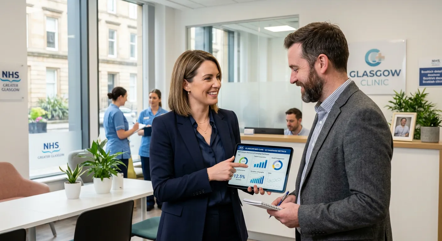 A professional, confident female Healthcare Marketing Manager in a modern medical clinic setting in Glasgow, smiling while presenting a marketing campaign dashboard on a tablet to a colleague. Style: Bright, clean, and professional. Mood: Competent, forward-thinking, and collaborative.