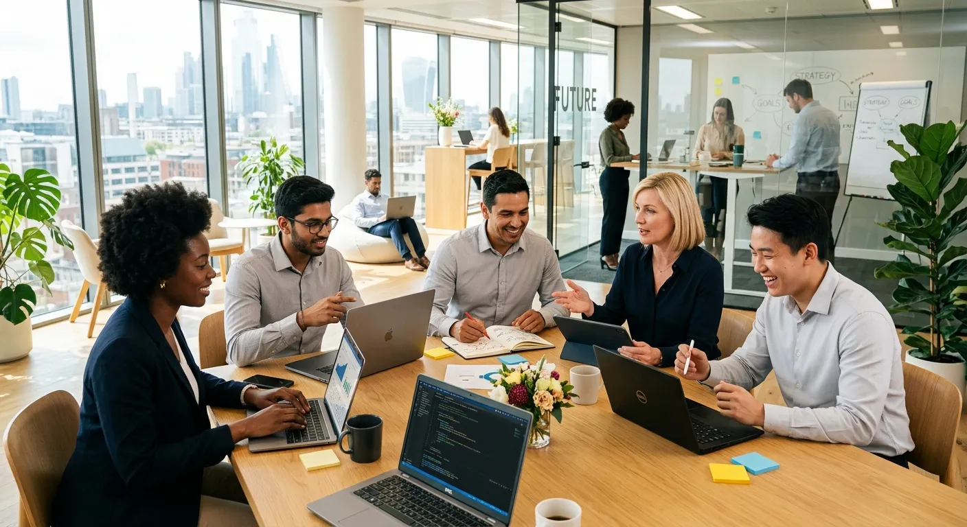 A diverse group of modern professionals collaborating in a bright, sunlit office. Style is corporate and aspirational, with a focus on teamwork and technology. Mood is optimistic and forward-thinking.