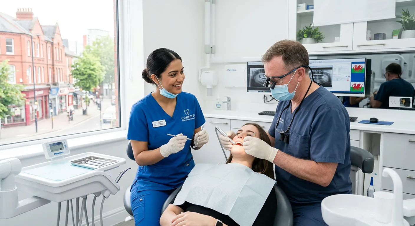 Professional, friendly Dental Nurse assisting a dentist in a bright, modern Cardiff clinic. The image should convey a clean, efficient, and welcoming healthcare environment.