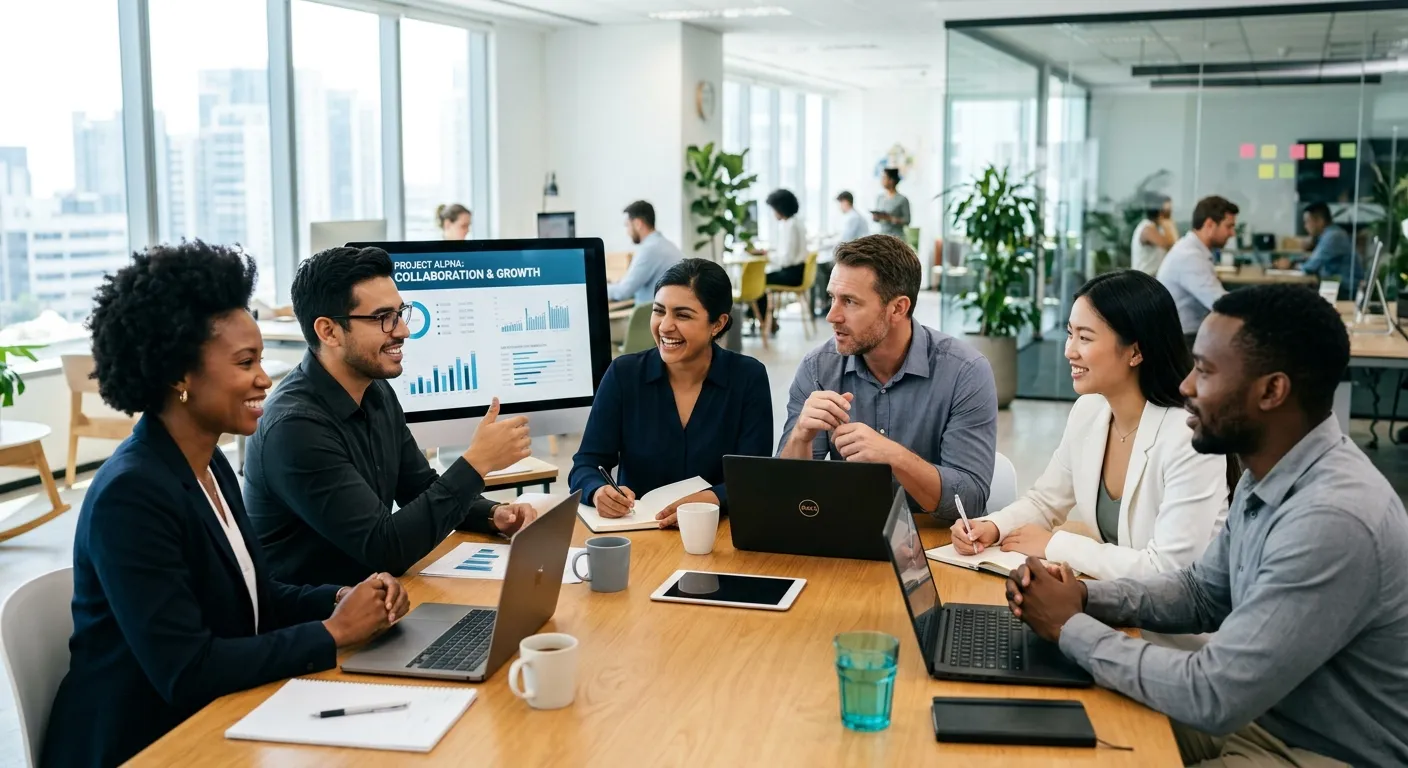 A diverse group of professional employees in a modern office, looking confident and collaborative. S... A diverse group of professional employees in a modern office, looking confident and collaborative. Style: High-quality professional stock photo, bright and aspirational, focus on team dynamics and professional attire.