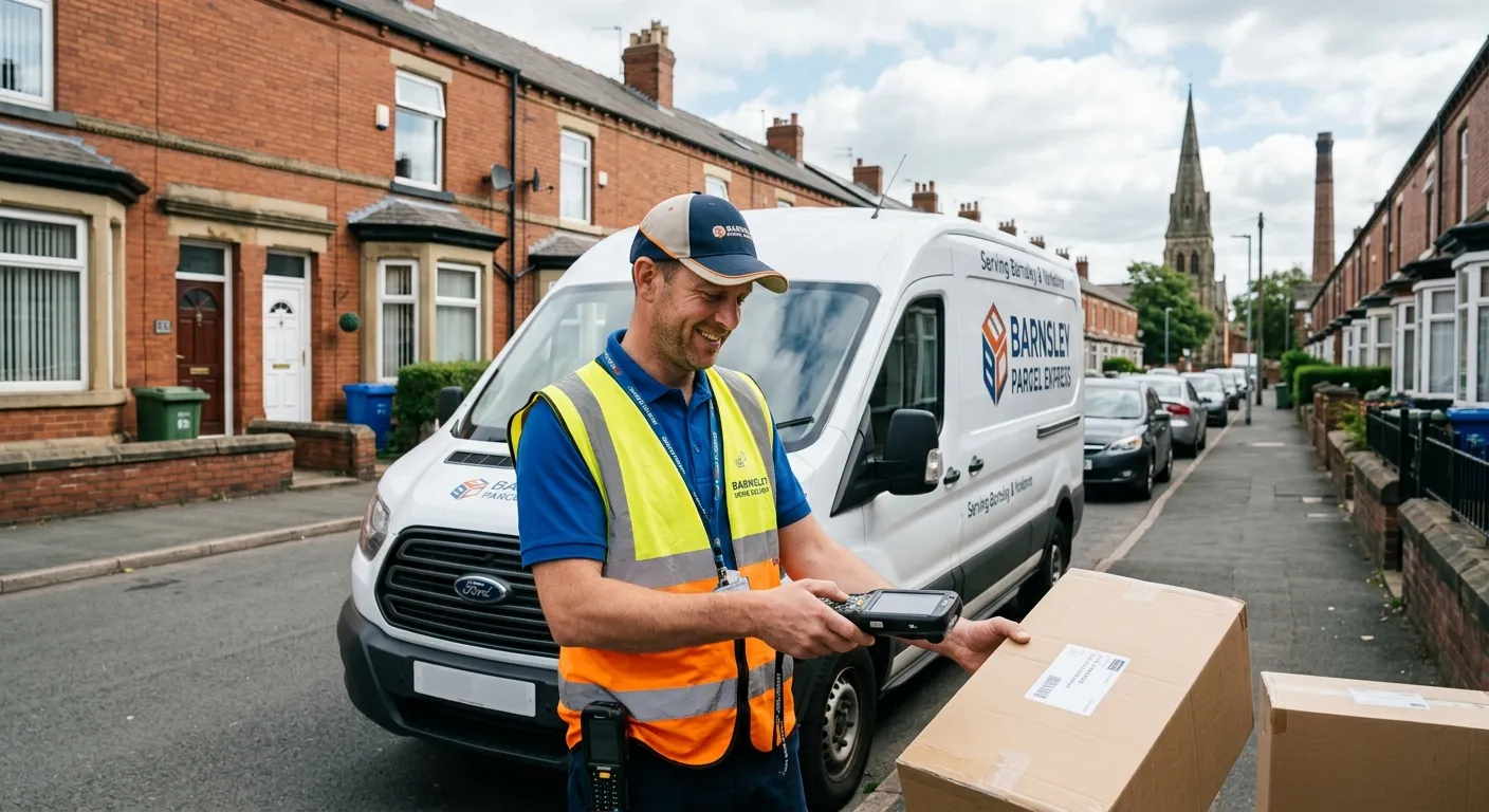 A professional, friendly delivery driver in a high-visibility vest, smiling while scanning a package next to a clean, modern delivery van in a typical Barnsley street setting. The image should convey reliability, efficiency, and a local feel.
