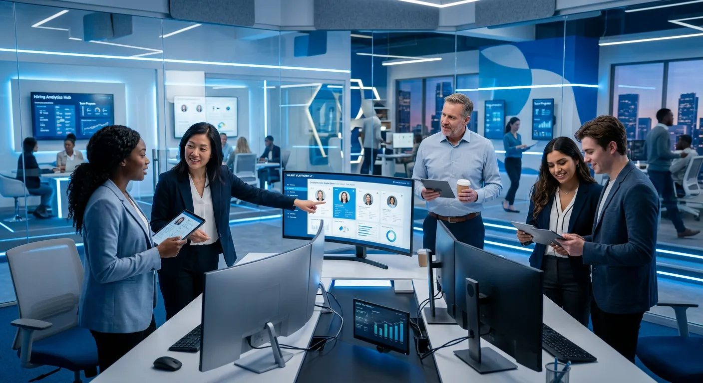 A modern, dynamic office scene with diverse hiring managers and recruiters reviewing candidate profi... A modern, dynamic office scene with diverse hiring managers and recruiters reviewing candidate profiles on multiple digital screens and tablets. The mood is futuristic, collaborative, and data-driven, with a blue and white color scheme.