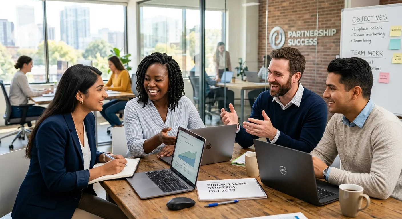 A diverse group of modern professionals collaborating in a bright, open-plan office. They are smiling and discussing a project over laptops, representing the ideal outcome of a successful staffing partnership. Style: Professional corporate photography, high contrast, vibrant colors.