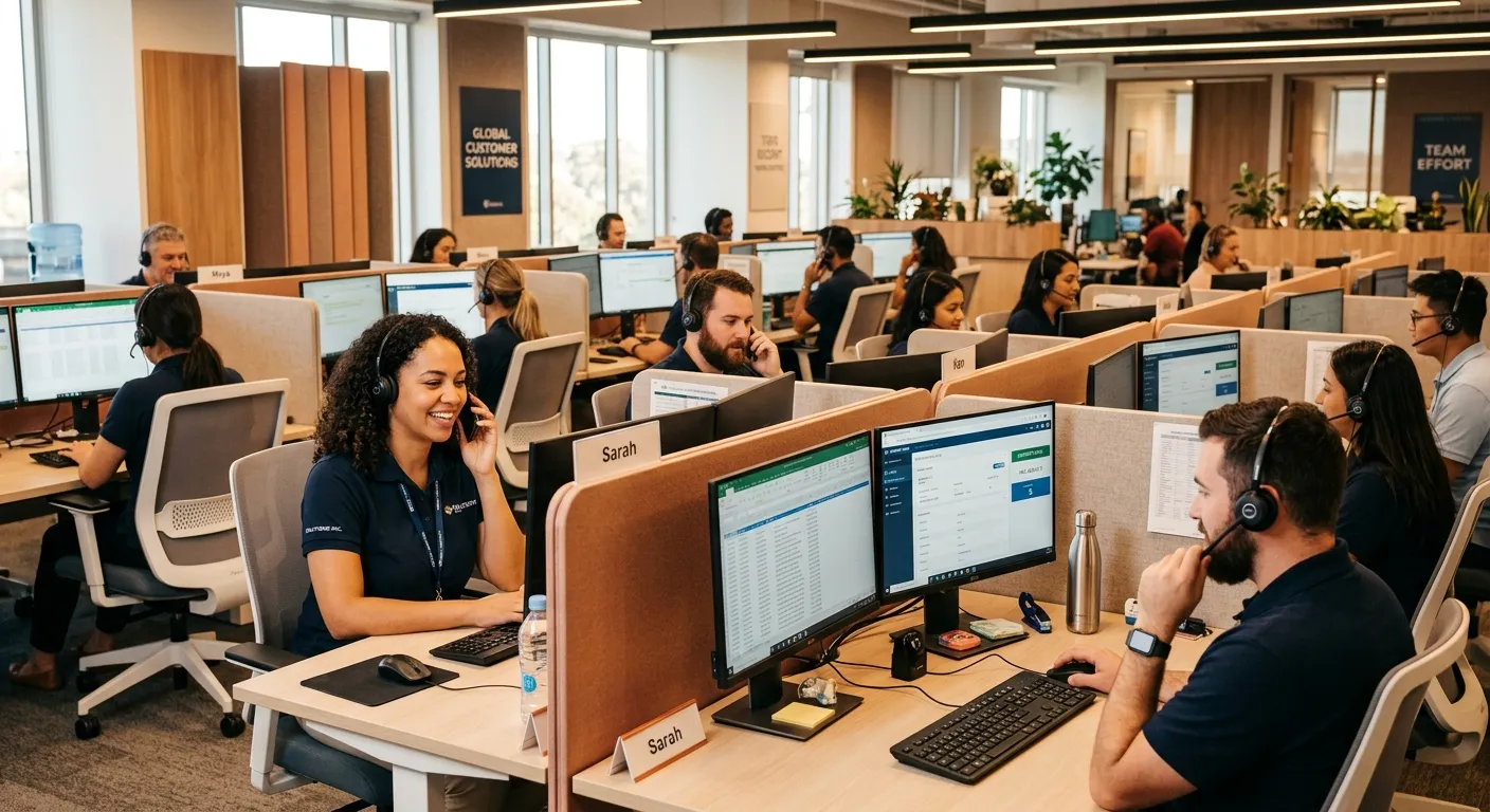 A professional, modern call centre environment with operators wearing headsets, warm lighting, and a... A professional, modern call centre environment with operators wearing headsets, warm lighting, and a focused yet friendly atmosphere — style: corporate, clean, inviting, diverse team