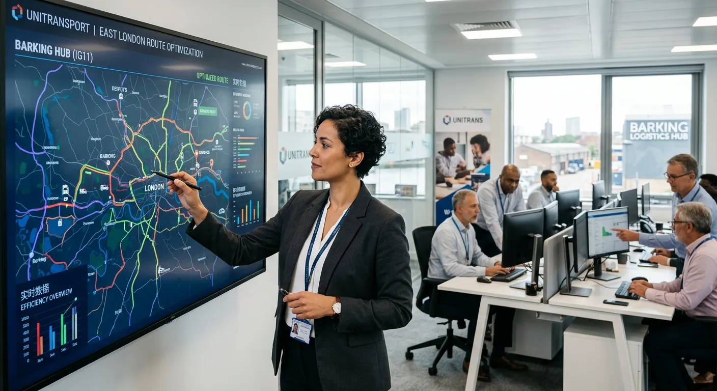 A professional, confident Transport Planner in a modern logistics office in Barking, analysing a digital route map on a large screen, with colleagues in the background. The style is bright, crisp, and aspirational, conveying efficiency and teamwork.