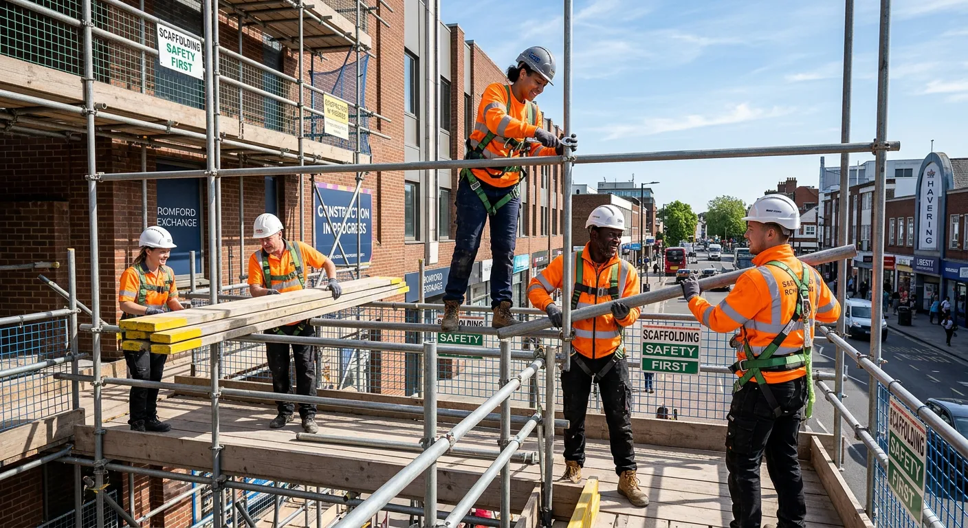 A professional, high-energy photograph of a diverse team of scaffold labourers working safely on a construction site in Romford, Essex. They are assembling scaffolding on a commercial building, wearing high-vis jackets, hard hats, and harnesses. The image conveys teamwork, safety, and skilled manual work in a sunny, urban environment.