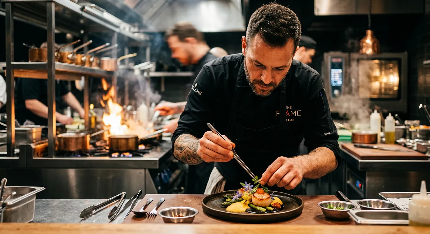 A dynamic, high-contrast hero image of a professional chef in a modern kitchen, plating an elegant dish. The lighting is dramatic, focusing on the chef's hands and the vibrant food, with a slightly blurred background of a busy restaurant kitchen. Style: professional, aspirational, high-energy.