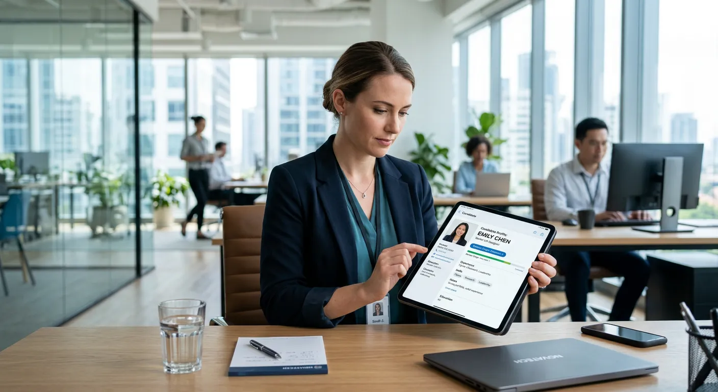 Modern professional HR manager reviewing candidate profiles on a digital tablet in a bright, contemporary office. Style: Clean, corporate, focused. Mood: Efficient, technological, strategic.