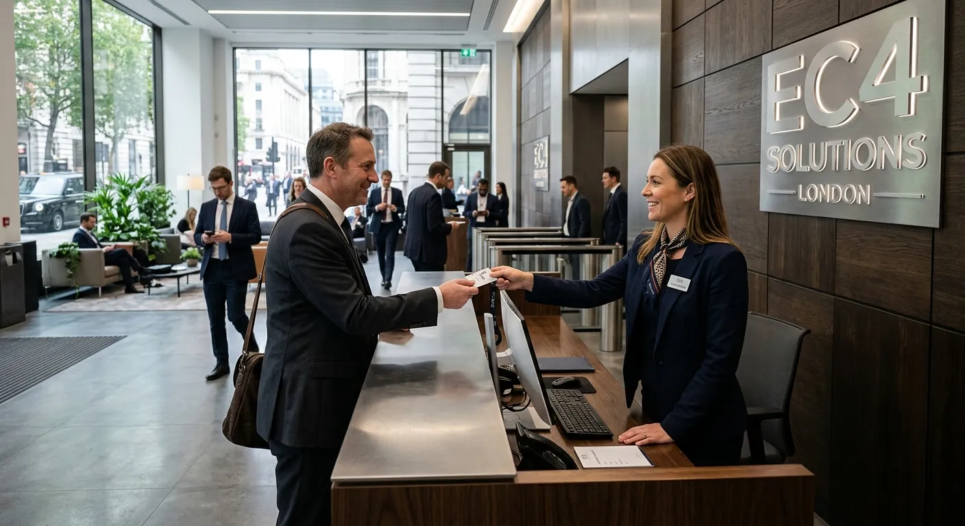 A dynamic, professional photo of a modern London EC4 office reception area during a busy morning. A... A dynamic, professional photo of a modern London EC4 office reception area during a busy morning. A well-dressed Front of House professional is smiling while handing a visitor pass to a guest, with the sleek corporate logo visible in the background.