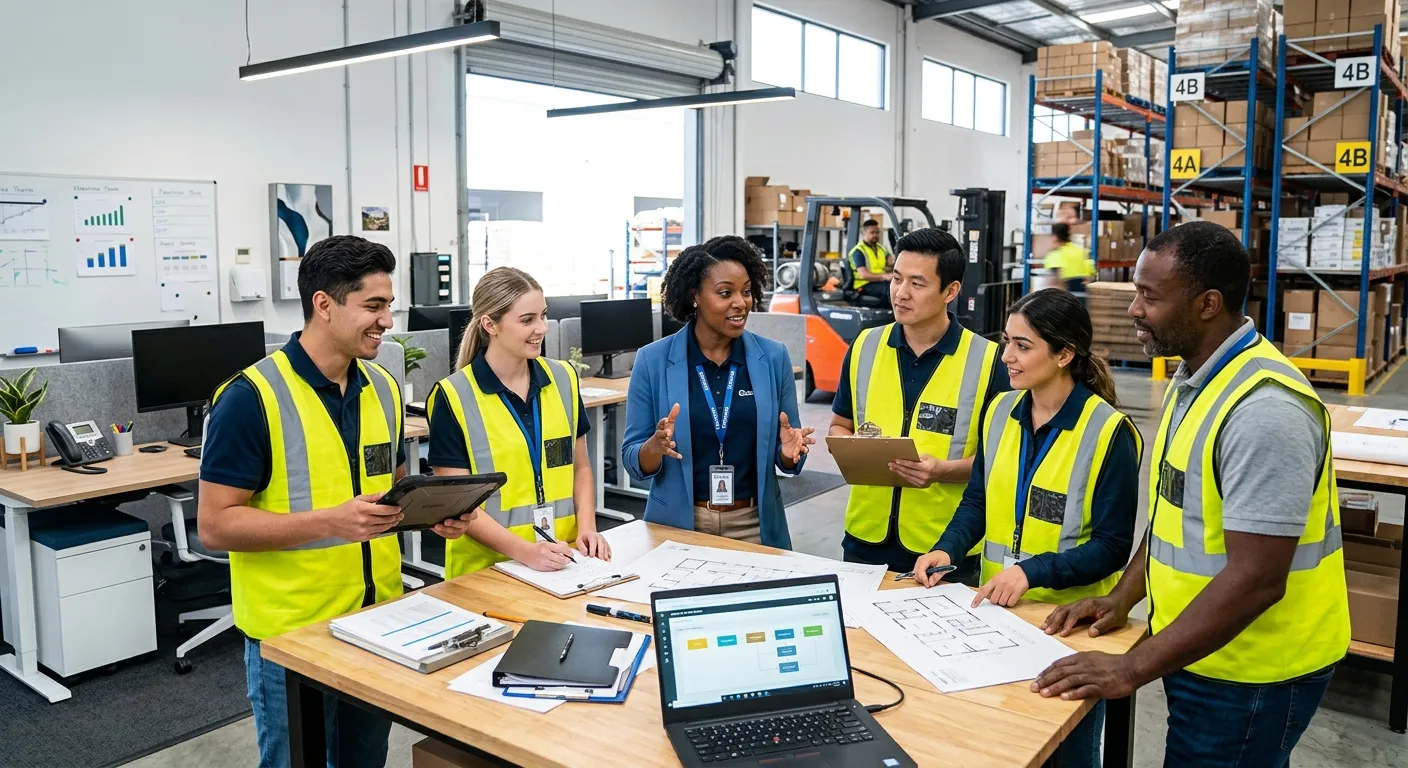 A dynamic, professional photo of a diverse group of temporary workers in a modern office and warehouse hybrid setting, collaborating with a manager. The mood is energetic, productive, and inclusive. High contrast and sharp focus.