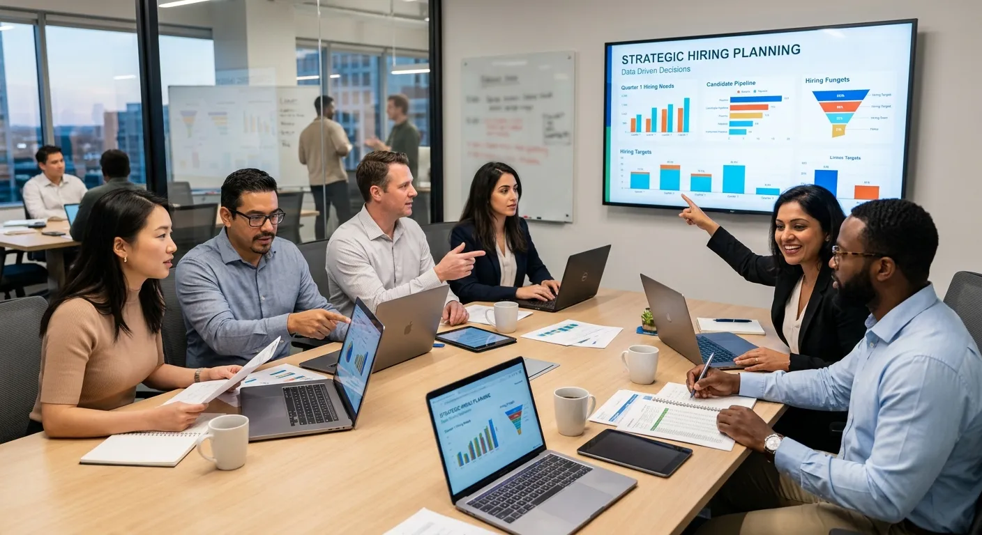 A diverse group of professionals in a modern office collaborating around a table with laptops and data charts on a screen, symbolizing strategic hiring planning and teamwork. Style: professional, bright, and focused.