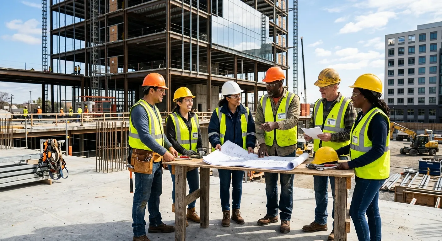 A diverse group of skilled labourers and construction workers on a modern building site, wearing high-visibility vests and hard hats, collaborating with a site manager. Bright daylight, professional, and energetic mood.