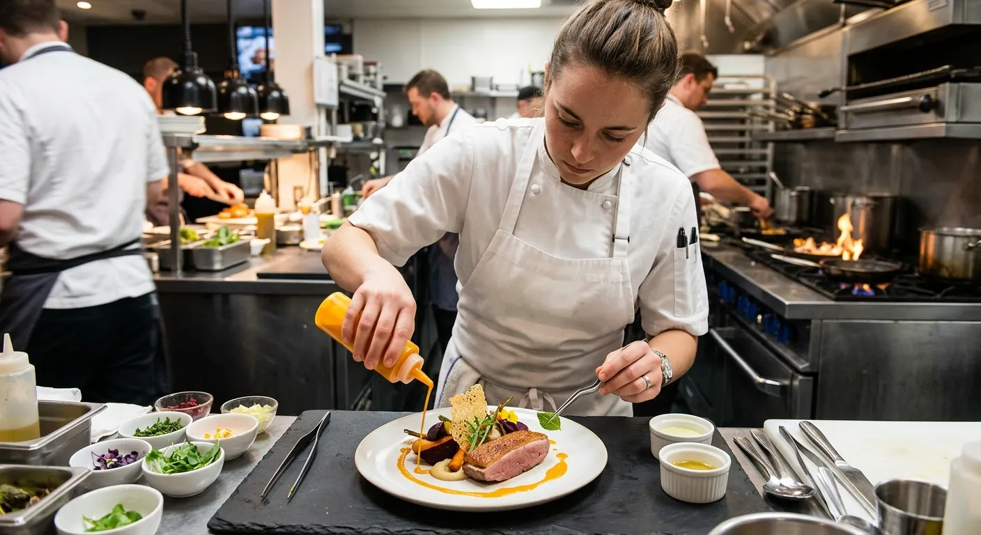 A professional, high-energy kitchen scene. A skilled sous chef in crisp whites is meticulously plating a gourmet dish, with a vibrant, colorful sauce being drizzled. The atmosphere is focused and professional, highlighting precision and culinary artistry.