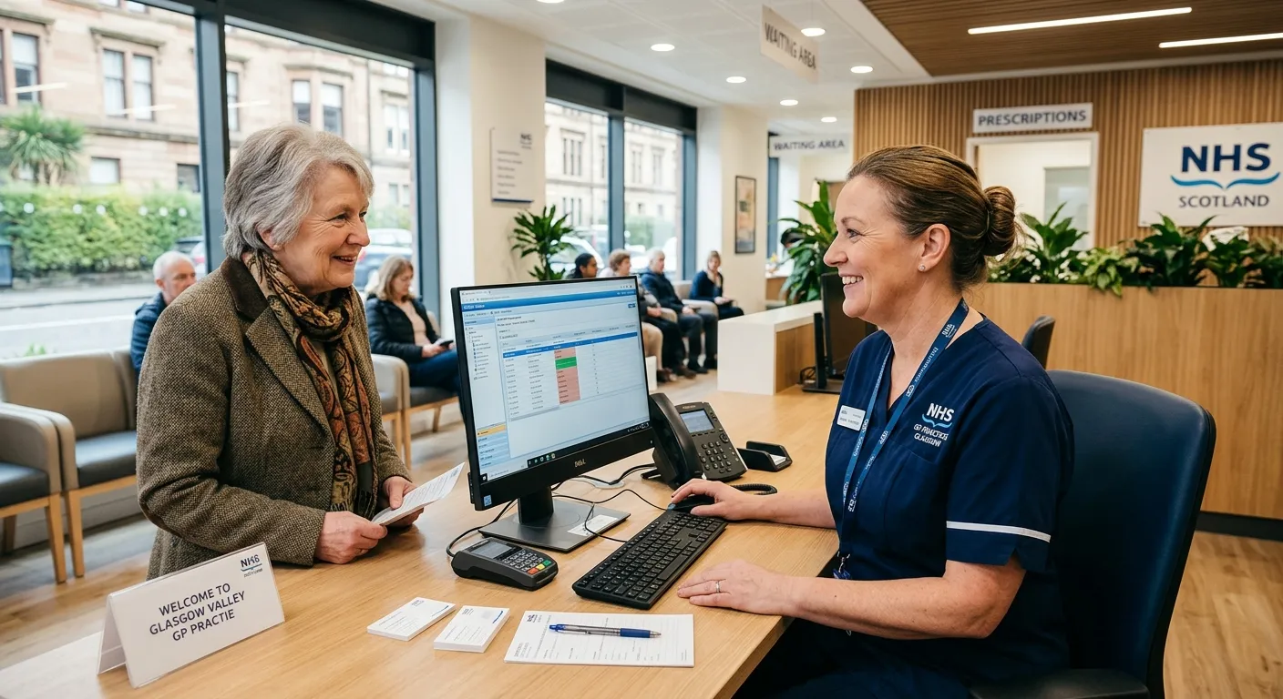 Professional, friendly medical receptionist in a bright, modern Glasgow GP practice or clinic, smiling and assisting a patient at a reception desk with a computer. The image should convey a warm, efficient, and organised healthcare environment.