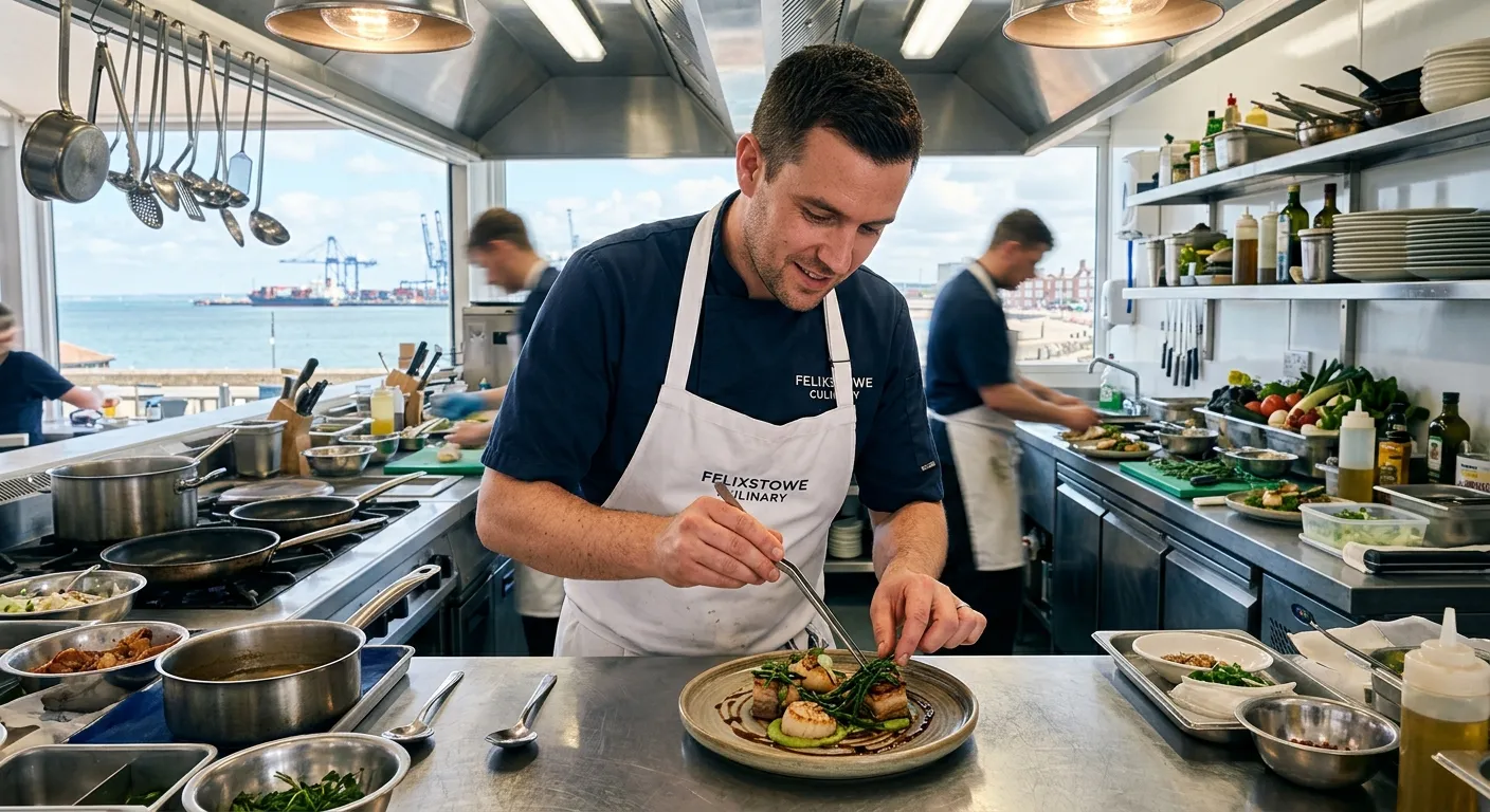 A professional chef in a clean, bright kitchen in Felixstowe, Suffolk, plating a meal with precision... A professional chef in a clean, bright kitchen in Felixstowe, Suffolk, plating a meal with precision. The mood is energetic, focused, and professional, showcasing a busy but well-organised temporary work environment.