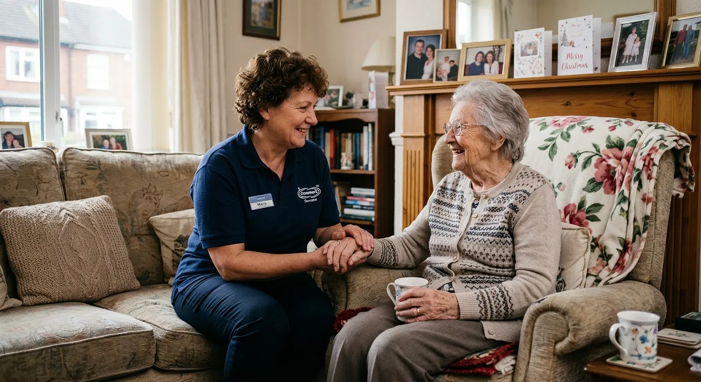 A professional, warm, and empathetic photo of a care worker assisting an elderly client in a comfortable home setting in Doncaster. The image should convey trust, support, and a positive working relationship. Style: Realistic, high-quality, and emotionally resonant.