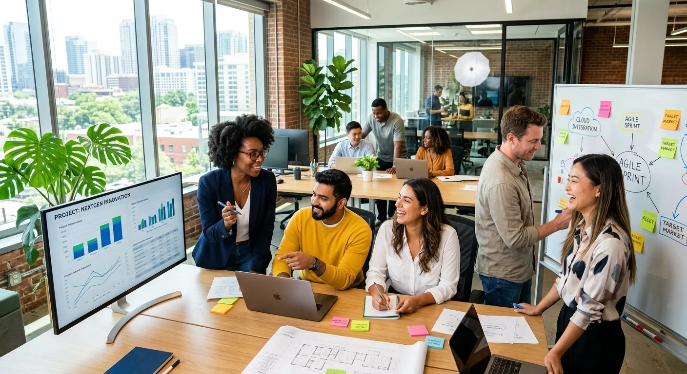 A modern, diverse group of professionals collaborating in a bright, sunlit office. Style: Professional, high-energy, with a focus on teamwork and technology. Mood: Optimistic, efficient, and forward-thinking.
