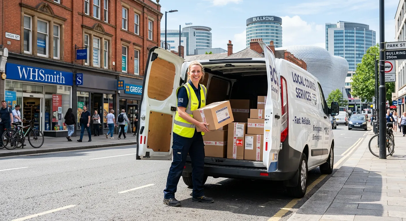 A professional, smiling delivery driver in a hi-vis vest, loading packages into a clean, modern van on a bright day in a Birmingham city setting, conveying efficiency and reliability.