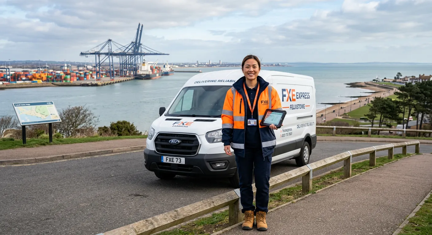 A professional, confident Delivery Driver in high-visibility clothing, smiling and holding a tablet, standing next to a clean, modern delivery van in a scenic coastal area representing Felixstowe. The image should convey reliability, local knowledge, and a positive work environment.