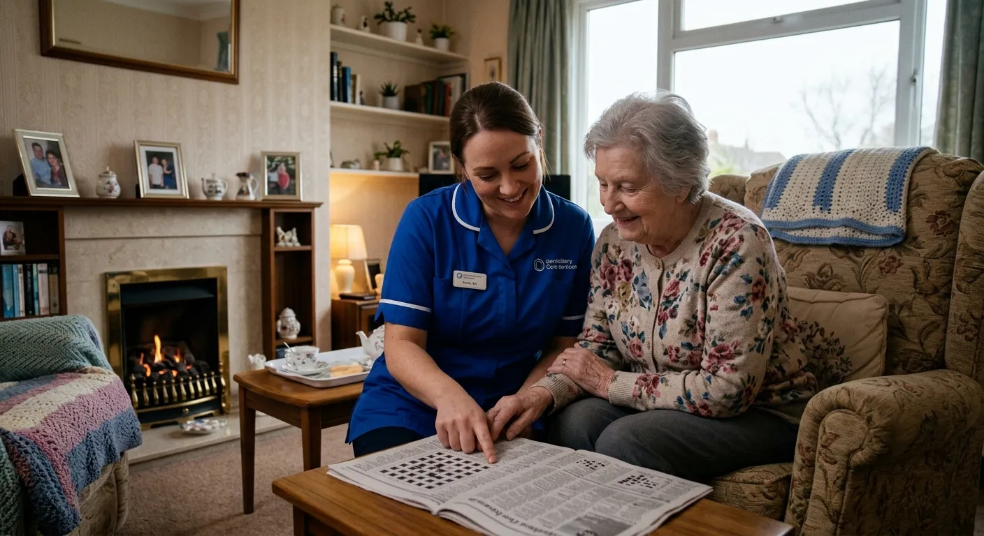 A compassionate Domiciliary Care Worker assisting an elderly client with a warm smile in a homely Coventry living room, showcasing professional care and a genuine connection.