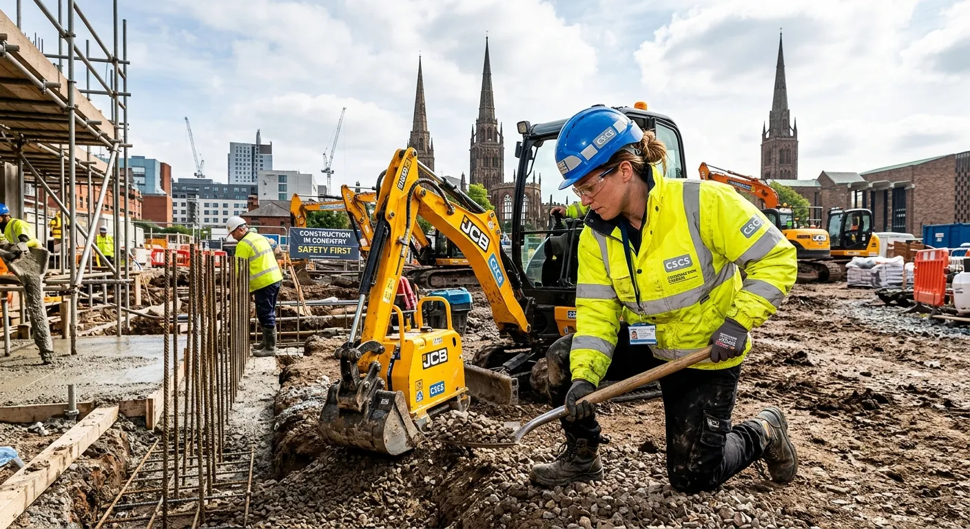 A professional, high-energy photo of a CSCS-certified operative working on a modern construction site in Coventry, wearing full PPE including a hi-vis jacket and hard hat, engaged in groundwork or material handling, with the Coventry skyline subtly visible in the background.