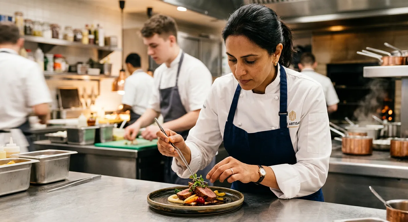 A dynamic, professional photo of an Executive Chef in a pristine, modern kitchen, confidently plating a gourmet dish. The mood is authoritative, creative, and high-end. The chef is wearing crisp whites and is the focal point, with a slightly blurred kitchen brigade in the background.