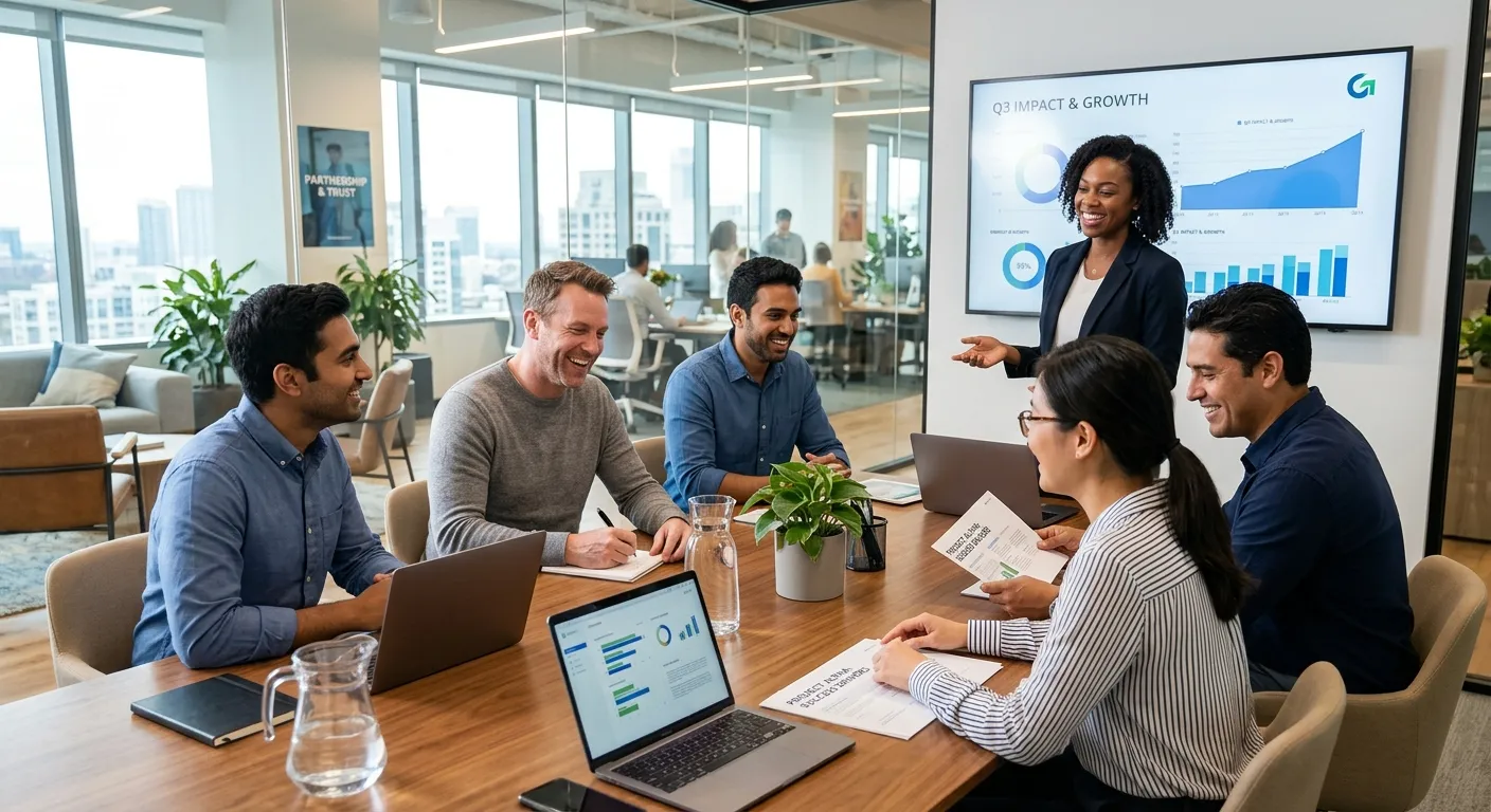 A professional, diverse team of employees in a modern office collaborating around a table, looking engaged and successful. Style is bright, high-resolution, and conveys trust and partnership.