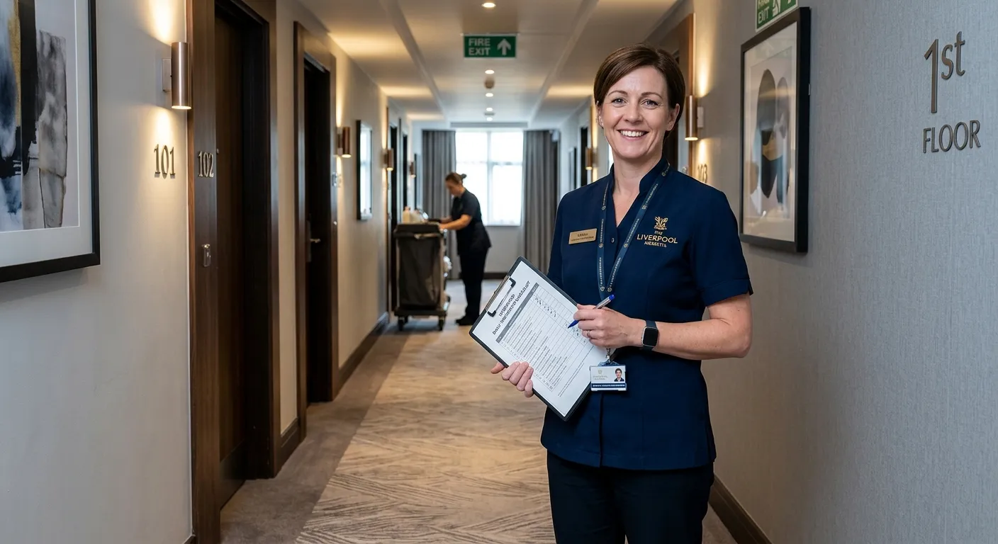 A professional, confident Housekeeping Supervisor in a crisp uniform, smiling and holding a checklist while standing in a spotless, modern hotel corridor in Liverpool. The image conveys trust, leadership, and high standards.
