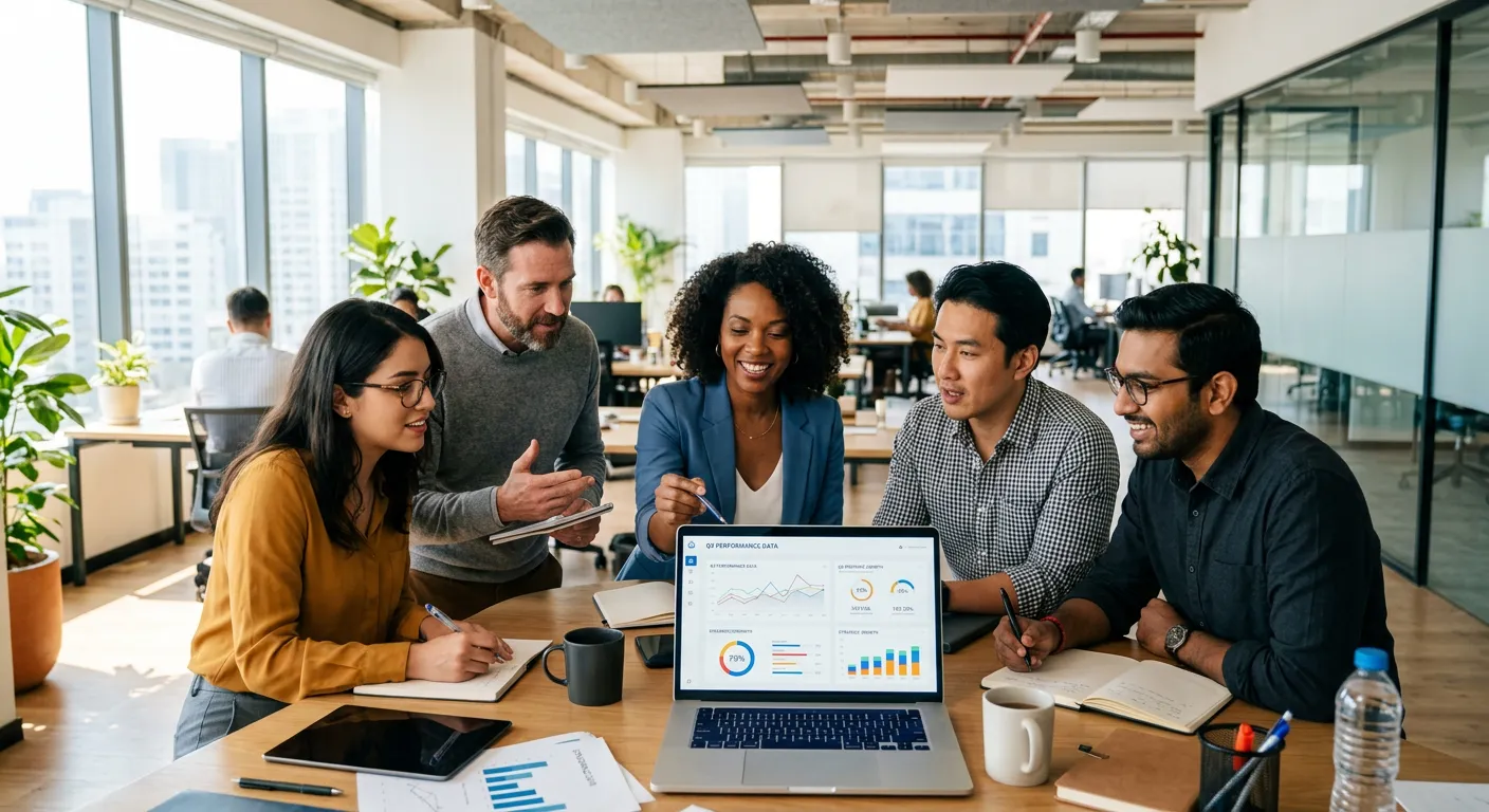A diverse, professional team in a modern office collaborating around a laptop, looking at data charts on a screen. Style: Professional, bright, optimistic. Mood: Collaborative and strategic.