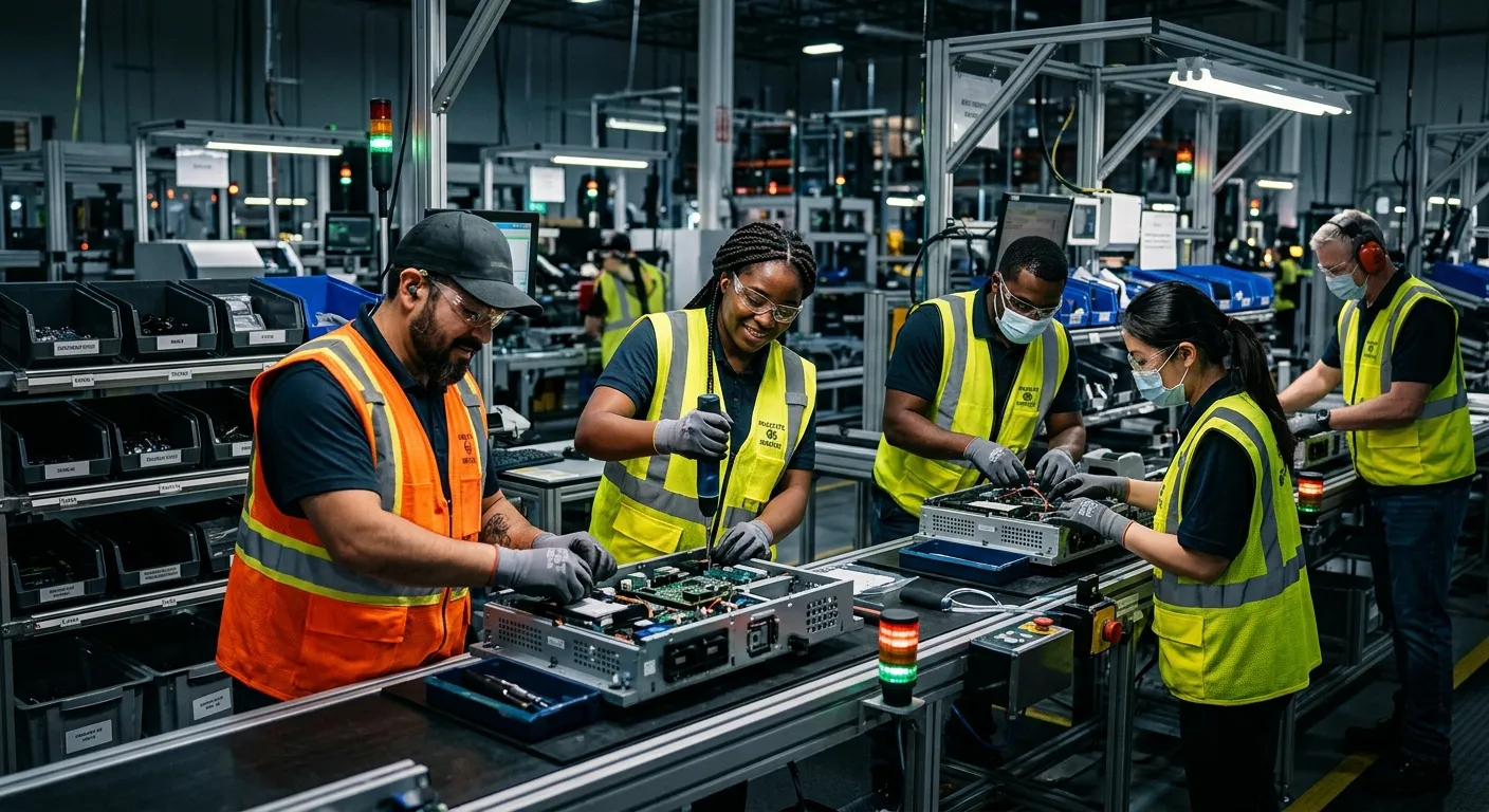 A dynamic, high-energy shot of a diverse team of production operatives in a modern, clean manufactur... A dynamic, high-energy shot of a diverse team of production operatives in a modern, clean manufacturing facility. They are collaboratively working on an assembly line, wearing high-visibility vests and safety gear, conveying professionalism and efficiency. Moody lighting with a focus on activity.