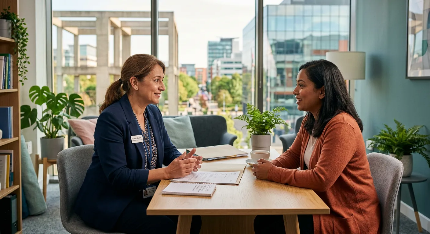 A professional, compassionate-looking Social Worker in a modern office setting in Milton Keynes, speaking with a client. The mood is supportive, trustworthy, and focused on community care. Style is professional photography with warm, natural lighting.