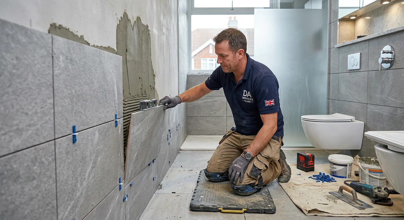 A professional, confident tiler working on a modern bathroom renovation in Harrow, showcasing precision tile placement and a clean, finished wall. Mood: skilled, reliable, and high-quality.
