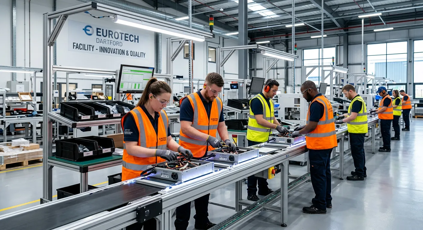 A professional, well-lit photograph of a modern, clean assembly line in a Dartford manufacturing facility. Workers in high-visibility vests and safety gear are assembling components collaboratively, showcasing focus and teamwork. The mood is efficient, productive, and safe.