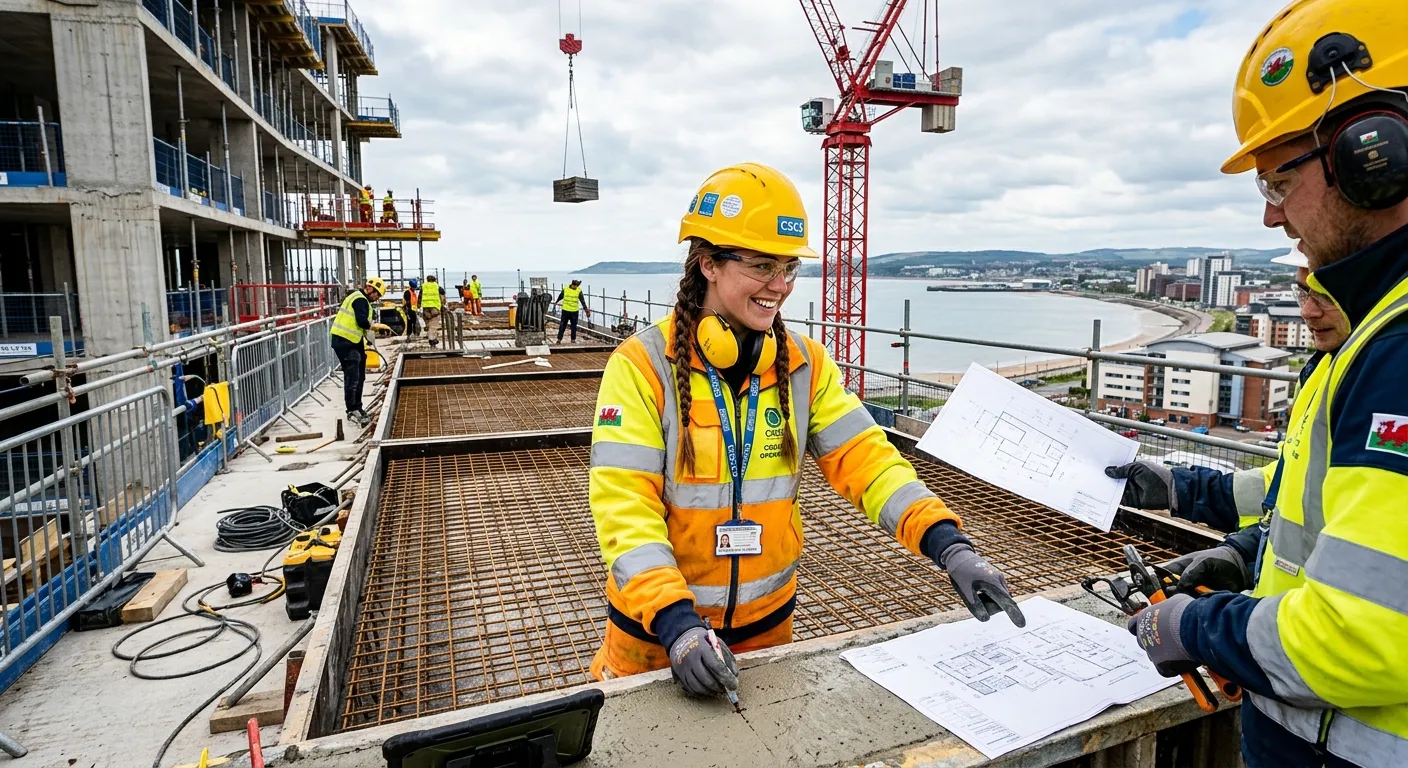 A dynamic, professional image of a CSCS-certified construction operative on a modern building site in Swansea, wearing high-visibility PPE and working collaboratively with a team. The mood is professional, energetic, and safe.