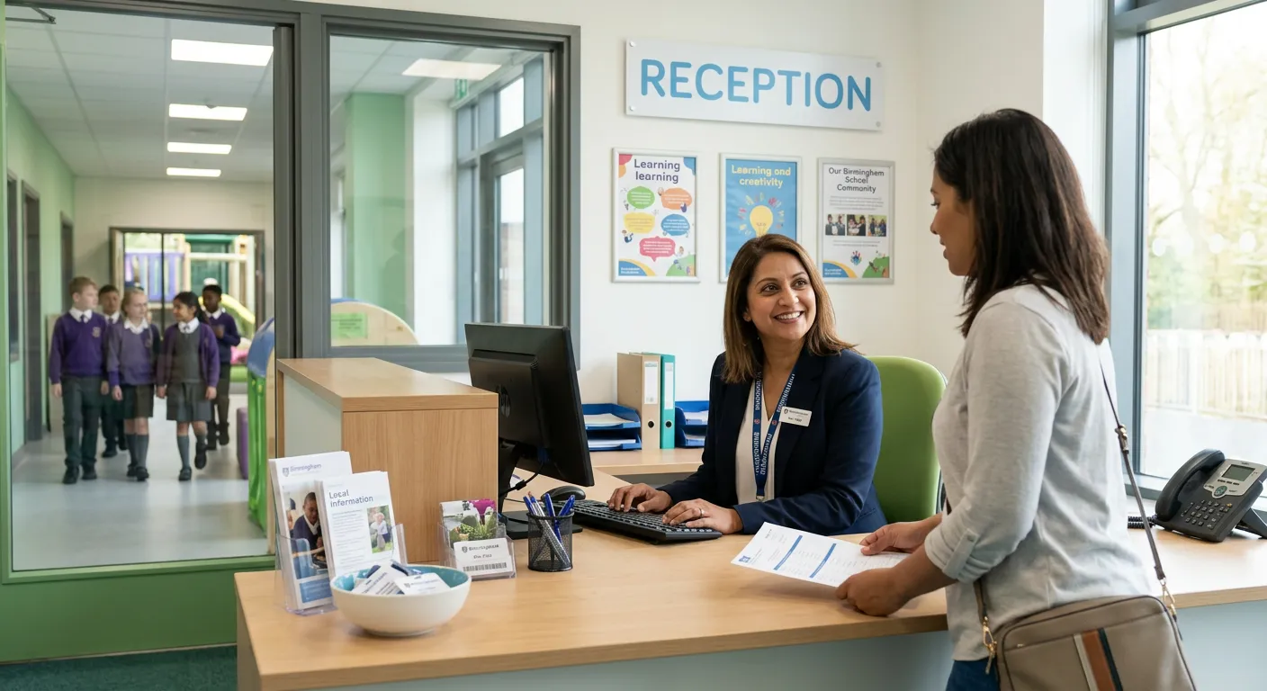 A professional, warm, and welcoming image of a school receptionist in a modern Birmingham school, sm... A professional, warm, and welcoming image of a school receptionist in a modern Birmingham school, smiling and assisting a parent at a bright, organized reception desk. The style is bright, crisp, and professional, conveying a positive educational environment.
