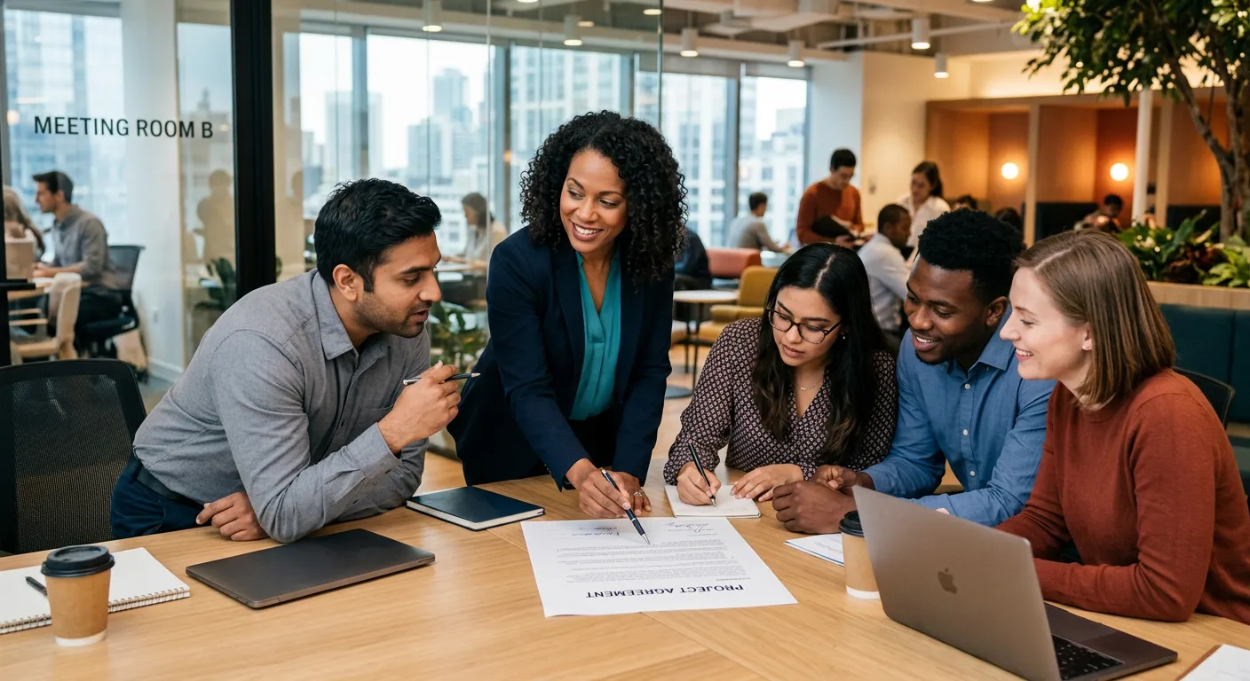 A professional, diverse group of temporary workers and a manager reviewing a contract document together in a modern office. The mood is collaborative, focused, and trustworthy.