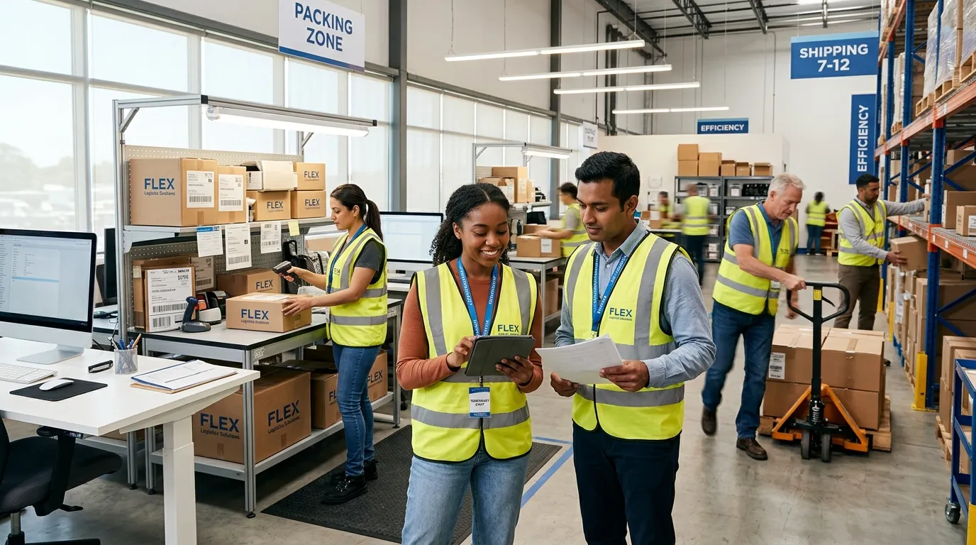 A dynamic, professional hero image showing a diverse team of temporary workers collaborating in a modern office and warehouse hybrid environment. Focus on energy and efficiency. Style: High-resolution, bright, with a slight motion blur to convey activity.