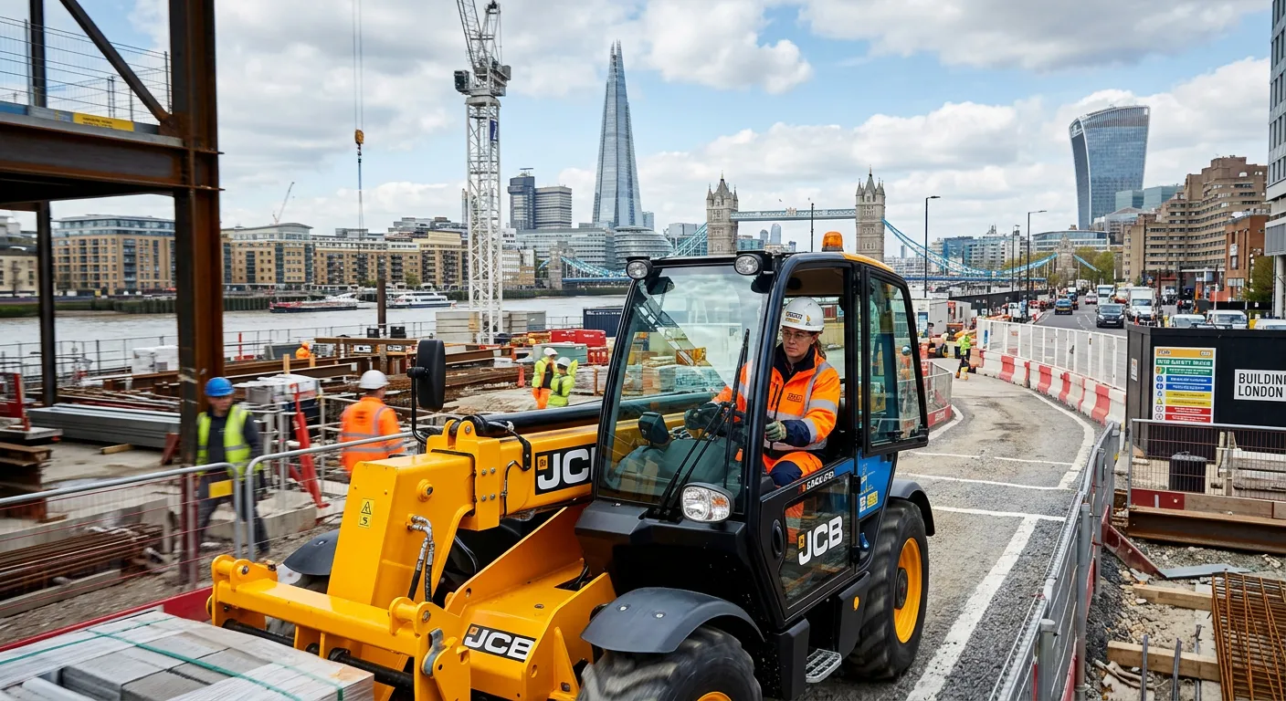 A professional, confident Telehandler operator in high-visibility gear, safely manoeuvring a telescopic handler on a busy, well-organised construction site in central London. The image should convey skill, safety, and the dynamic urban environment of SE1.