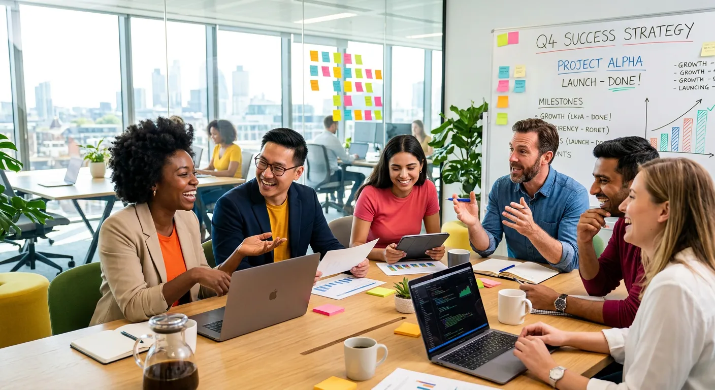 A dynamic, professional image of a diverse team collaborating in a modern office, with a focus on in... A dynamic, professional image of a diverse team collaborating in a modern office, with a focus on interaction and success. Style: bright, optimistic, high-contrast.