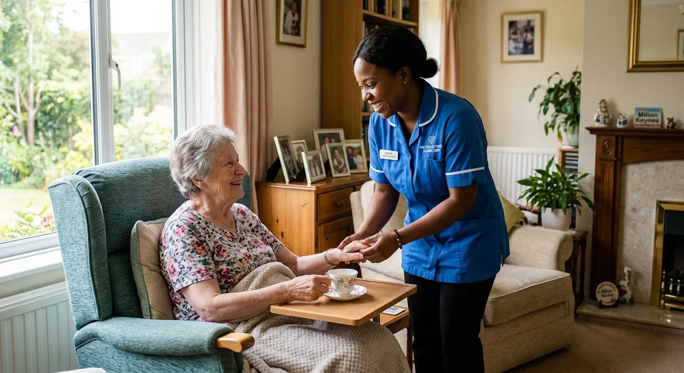 A warm, professional photo of a Care Assistant smiling while helping an elderly person in a bright, homely living room in Milton Keynes, conveying compassion and trust.