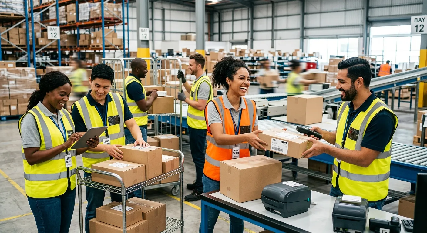 A dynamic, professional hero image showing a diverse team of temporary workers collaborating in a modern warehouse or light industrial setting, smiling and engaged. Style: High-contrast, vibrant, with a focus on action and teamwork.