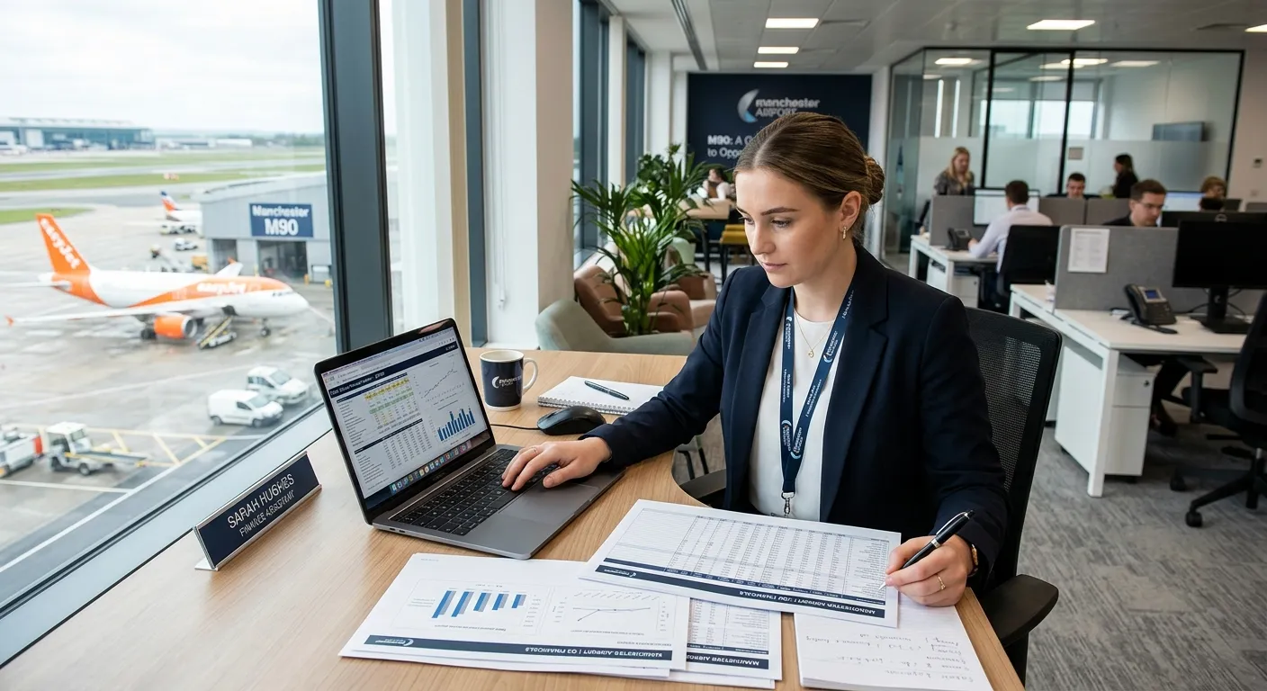 A professional, modern office environment at Manchester Airport M90, with a focused Finance Assistan... A professional, modern office environment at Manchester Airport M90, with a focused Finance Assistant working on a laptop and financial reports, conveying efficiency and opportunity.