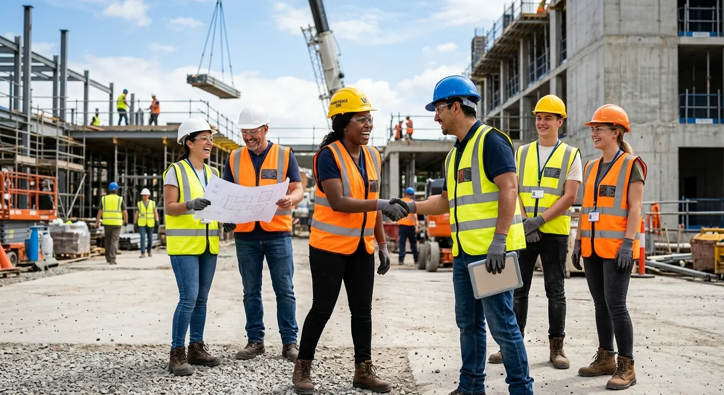 A dynamic, professional photo of a diverse group of temporary workers in high-visibility vests and hard hats on a bustling construction site, smiling and collaborating. The mood is energetic, reliable, and productive.